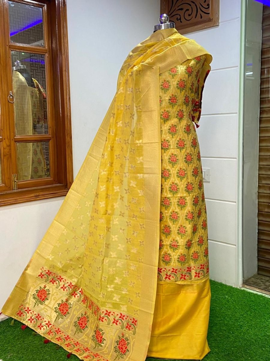 Pure Banarasi Jamdani Tilfi Premium Quality Unstitched Salwar Suit All Over Jacquard Weaving Leheriya