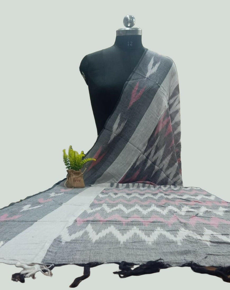 100% Pure Cotton Ikat Dupatta - Black & White - Leheriya