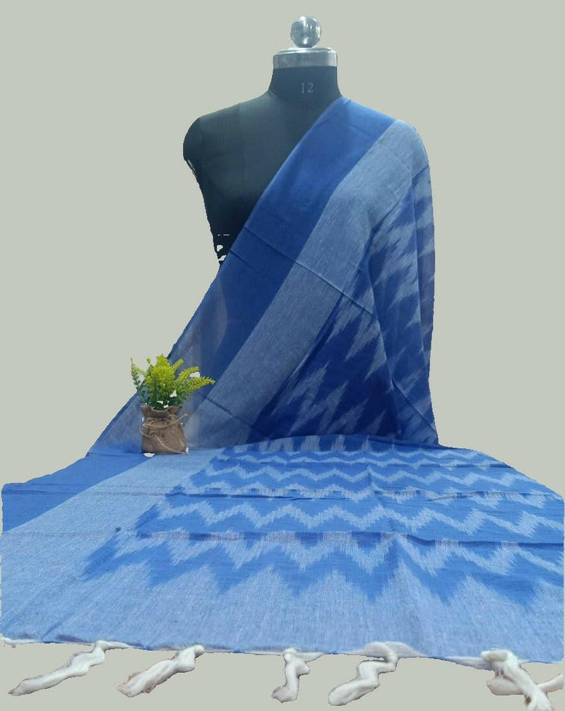 100% Pure Cotton Ikat Dupatta - Blue - Leheriya