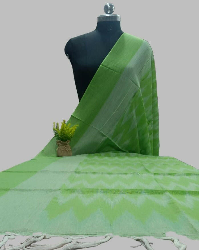 100% Pure Cotton Ikat Dupatta Green - Leheriya