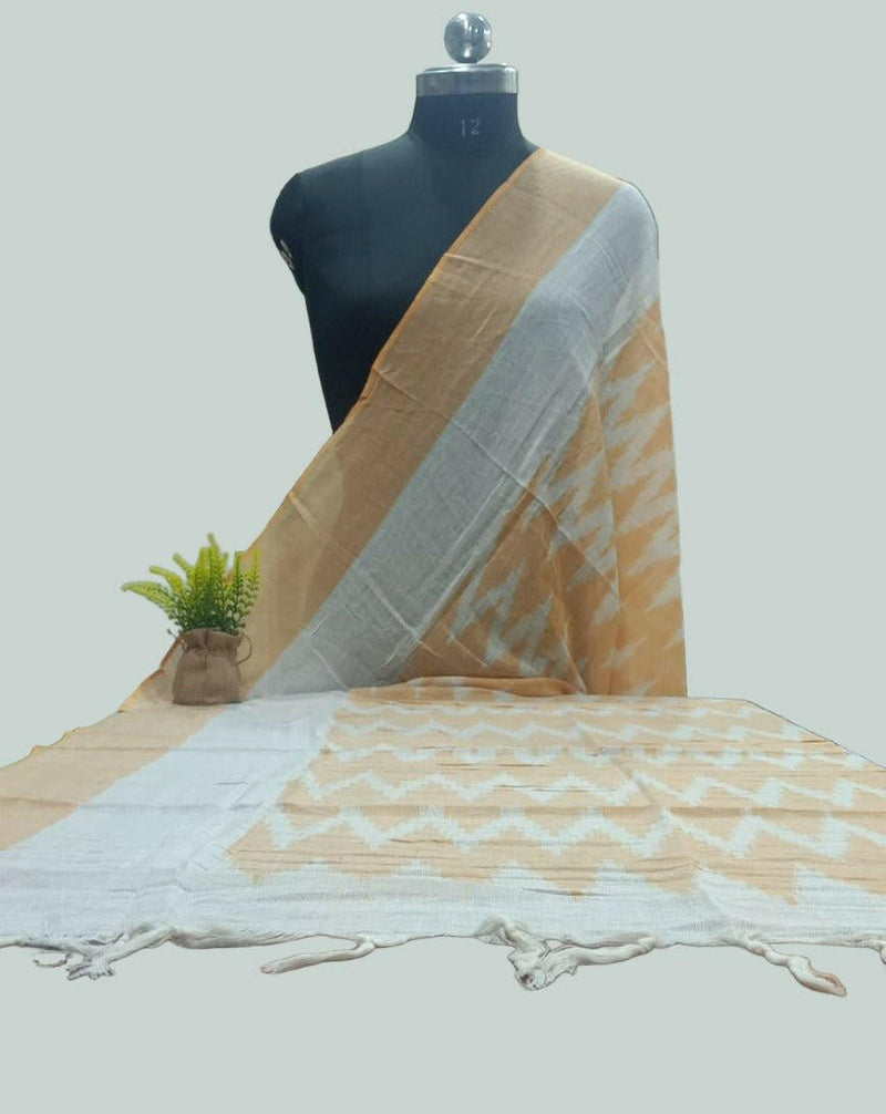 100% Pure Cotton Ikat Dupatta - Light Orange And White - Leheriya