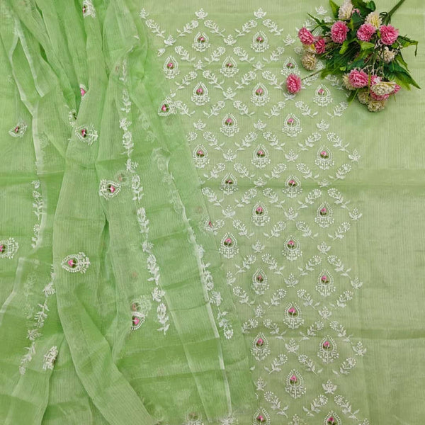 3 pc Kota Doria Cotton Embroidered Salwar Suit | Green | - Leheriya