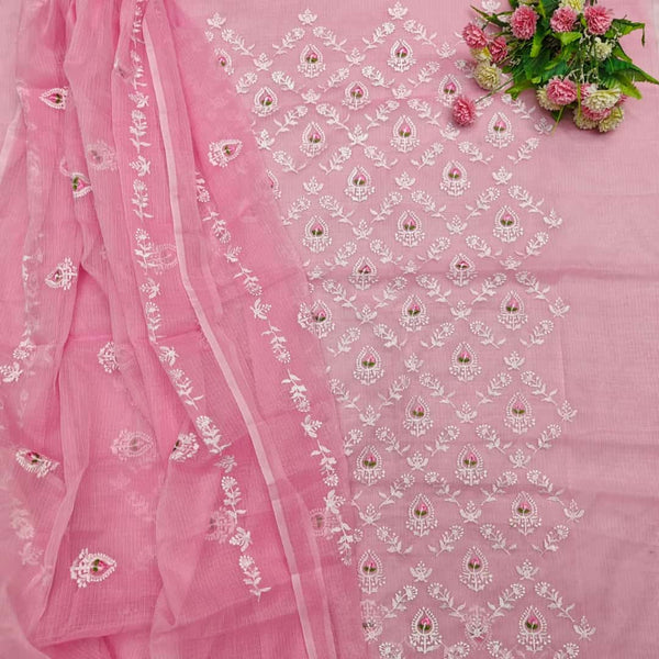 3 pc Kota Doria Cotton Embroidered Salwar Suit | Pink | - Leheriya