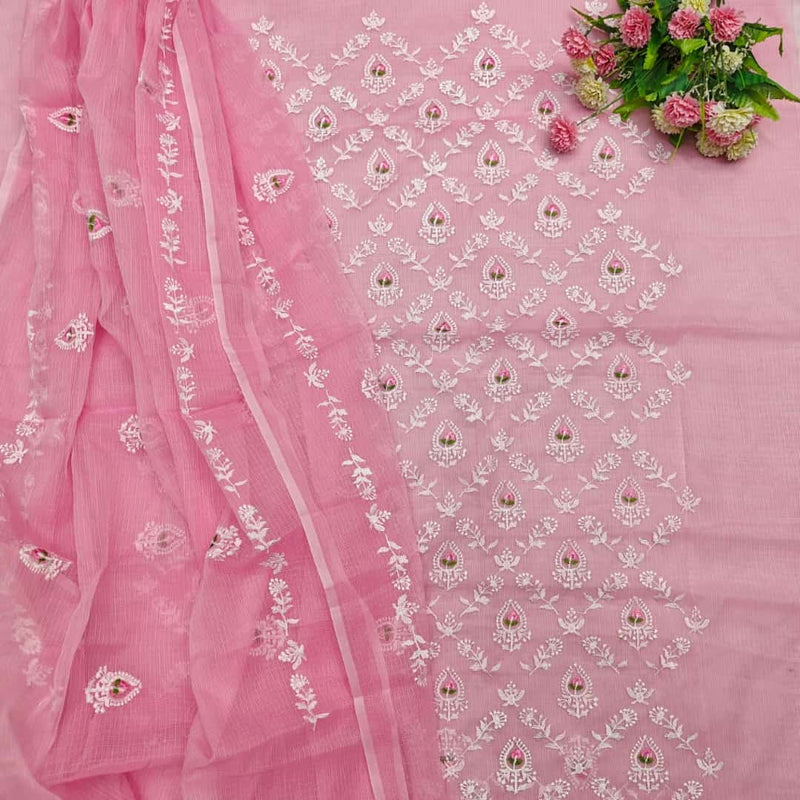 3 pc Kota Doria Cotton Embroidered Salwar Suit | Pink | - Leheriya