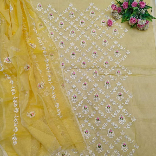 3 pc Kota Doria Cotton Embroidered Salwar Suit | Yellow | - Leheriya