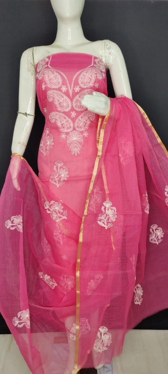 3 pc Kota Doria Cotton Embroidery Unstitched Salwar Suit - Leheriya
