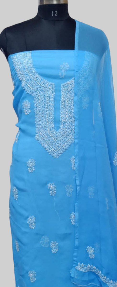 3 pc Lucknow Chikankari Hand Embroidery Chiffon Georgette Unstitched Salwar Suit with Georgette Dupatta - Leheriya