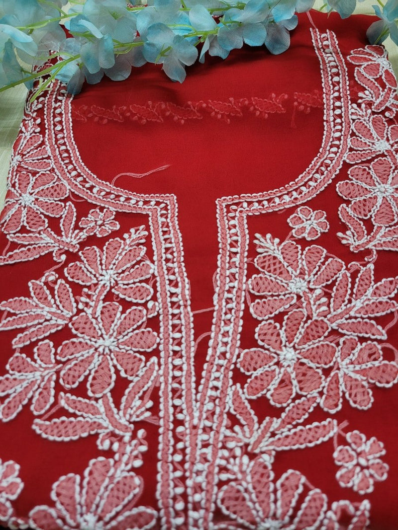 Lucknow Chikankari Hand Embroidered 3 outlets pc Dress material/Salwar Kameez With Gottapatti work - Red