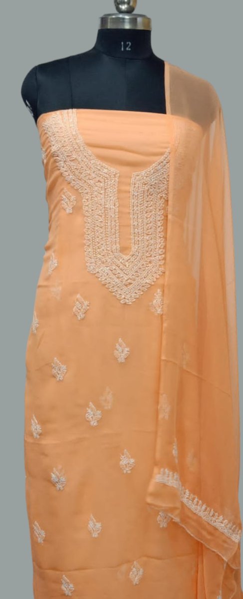 3 pc Lucknow Chikankari Hand Embroidery Chiffon Georgette Unstitched Salwar Suit with Georgette Dupatta - Leheriya