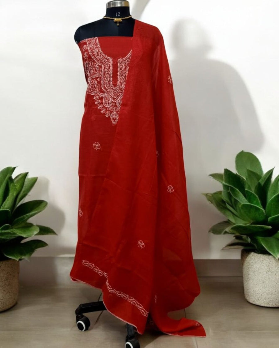 Lucknow Chikankari Hand Embroidered newest 3 pc Dress material/Salwar Kameez With Gottapatti work - Red