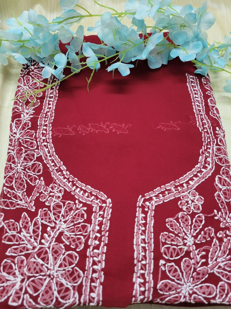 3 pc Maroon Lucknow Chikankari Hand Embroidery Chiffon Georgette Unstitched Salwar Suit with Georgette Dupatta - Leheriya