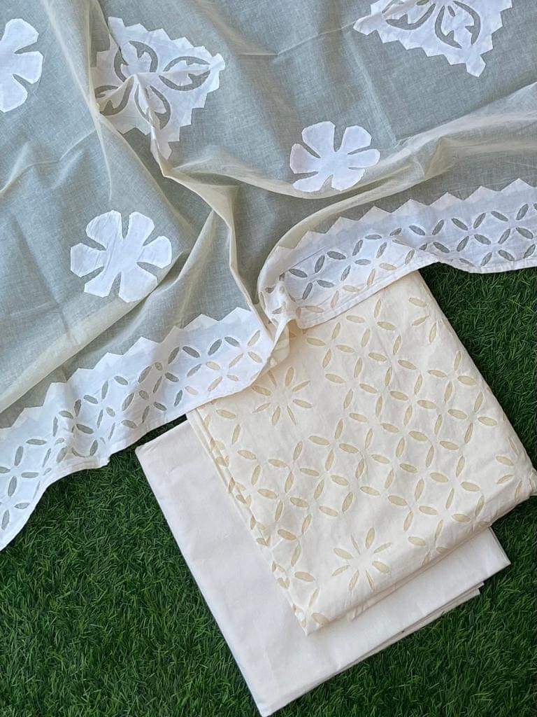 3 pc Pure Cotton Handcrafted Applique Work Unstitched Salwar Suit - Leheriya