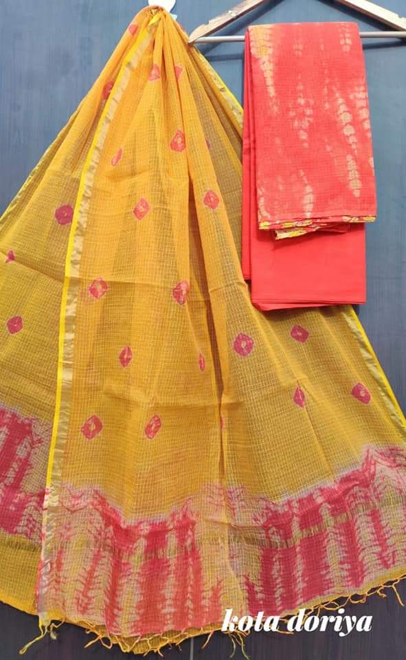 3 pc Pure Kota Doria Cotton Hand Dyed Salwar Suits - Leheriya