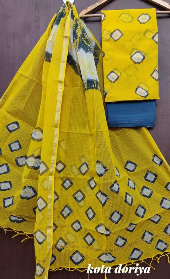 3 pc Pure Kota Doria Cotton Hand Dyed Salwar Suits - Leheriya