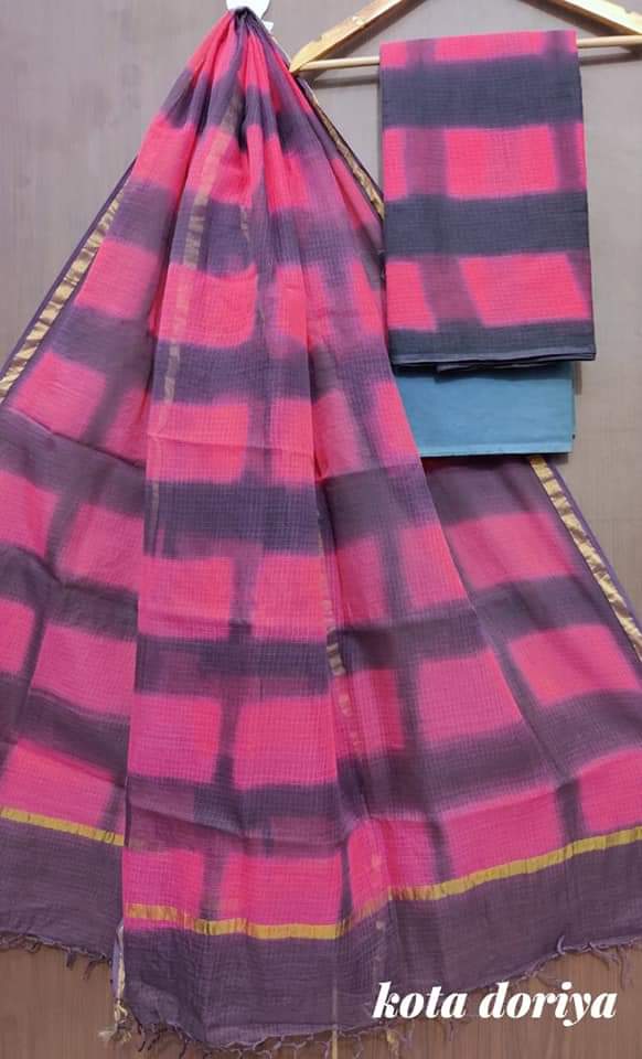 3 pc Pure Kota Doria Cotton Hand Dyed Salwar Suits - Leheriya