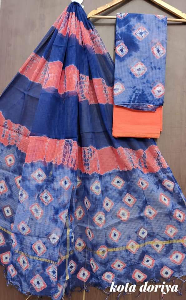 3 pc Pure Kota Doria Cotton Hand Dyed Salwar Suits - Leheriya