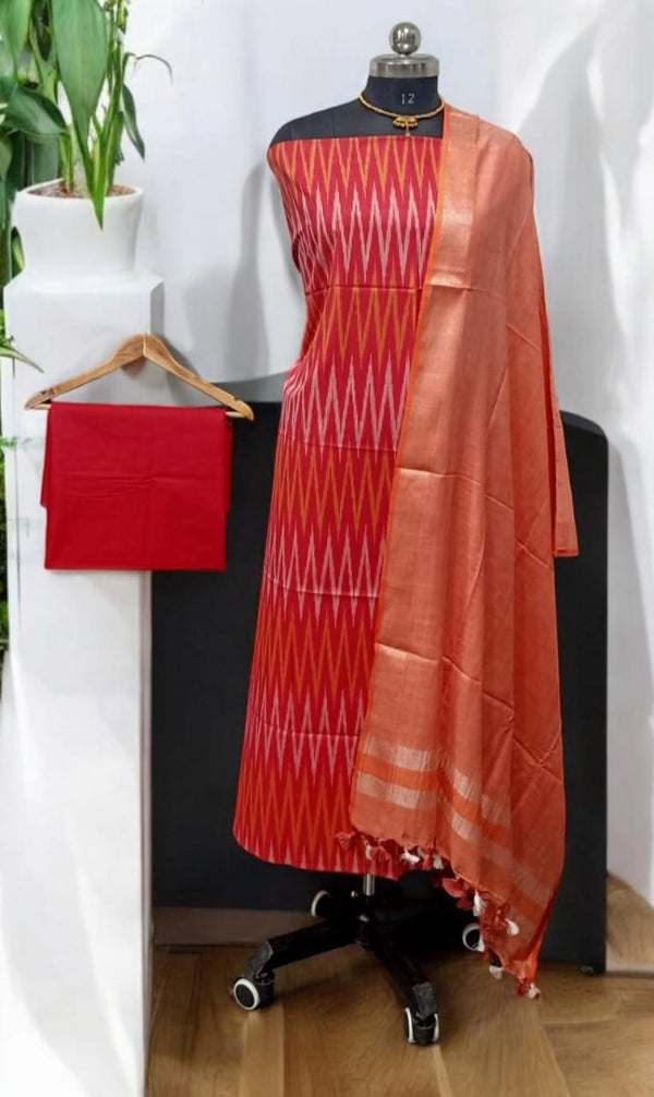 3PC IKAT WEAVE COTTON SALWAR SUIT MATERIAL SET WITH LINEN COTTON DUPATTA - Leheriya