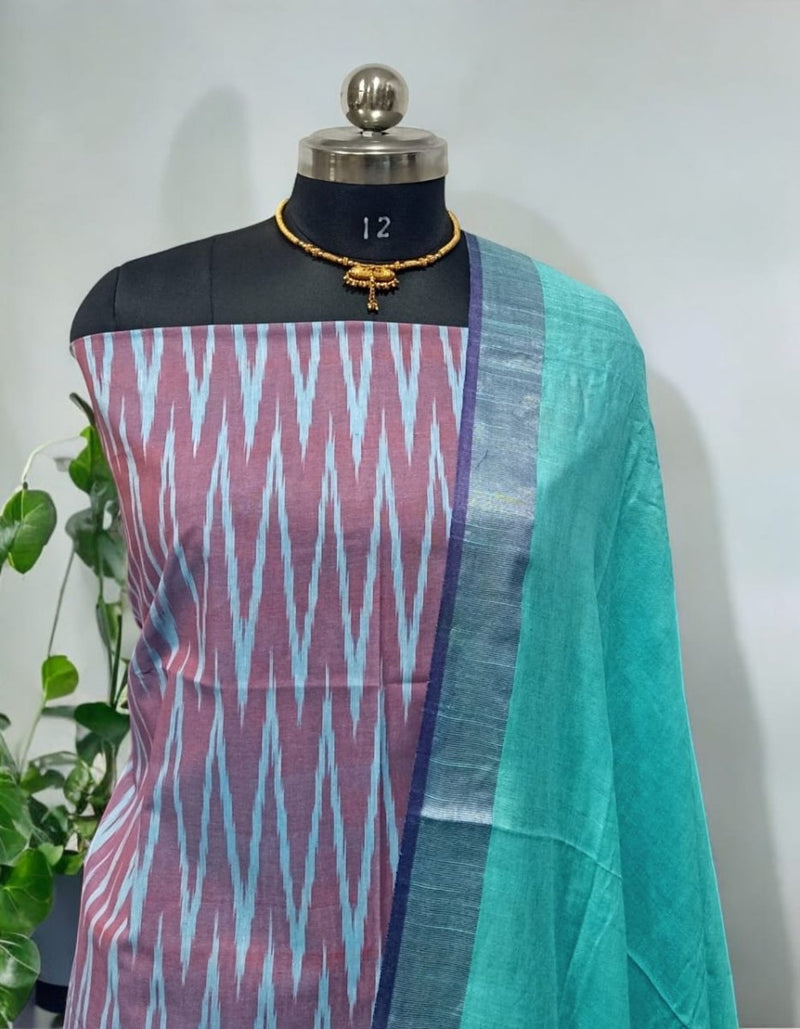 3PC IKAT WEAVE COTTON SALWAR SUIT MATERIAL SET WITH LINEN COTTON DUPATTA - Leheriya