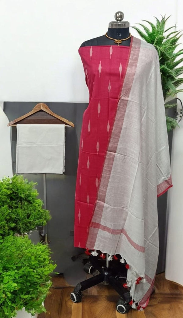 3PC IKAT WEAVE COTTON SALWAR SUIT MATERIAL SET WITH LINEN COTTON DUPATTA - Leheriya