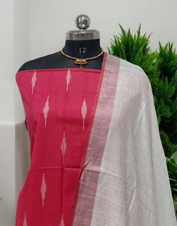 3PC IKAT WEAVE COTTON SALWAR SUIT MATERIAL SET WITH LINEN COTTON DUPATTA - Leheriya