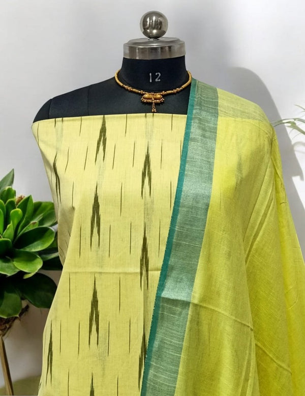 3PC IKAT WEAVE COTTON SALWAR SUIT MATERIAL SET WITH LINEN COTTON DUPATTA - Leheriya