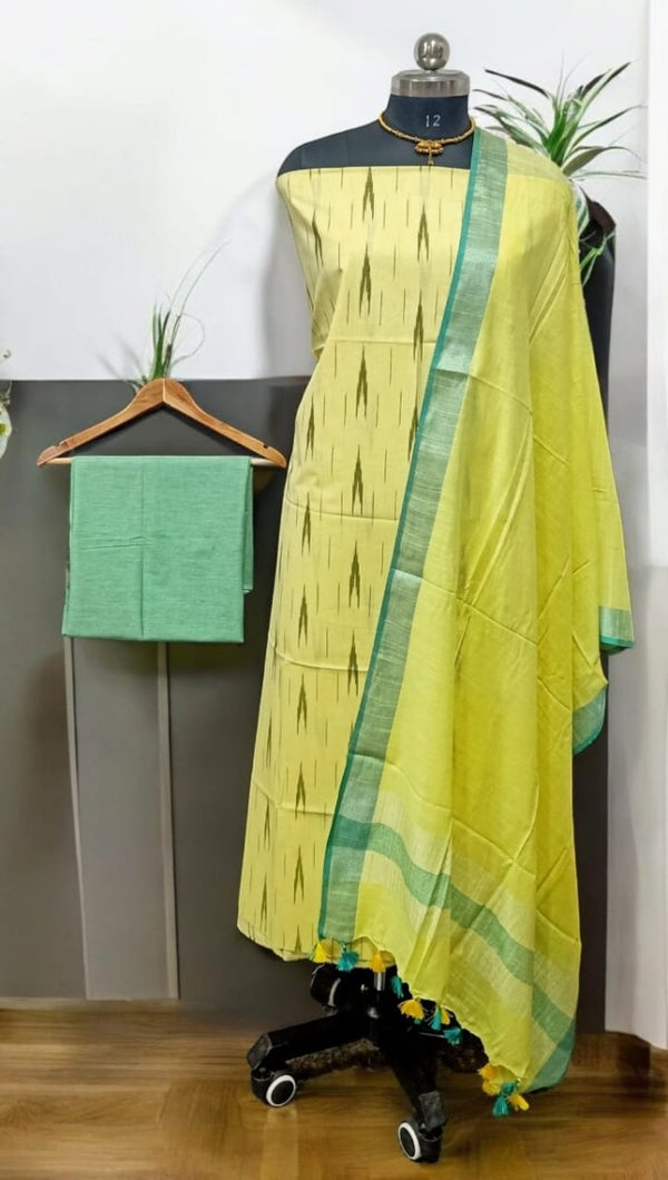 3PC IKAT WEAVE COTTON SALWAR SUIT MATERIAL SET WITH LINEN COTTON DUPATTA - Leheriya