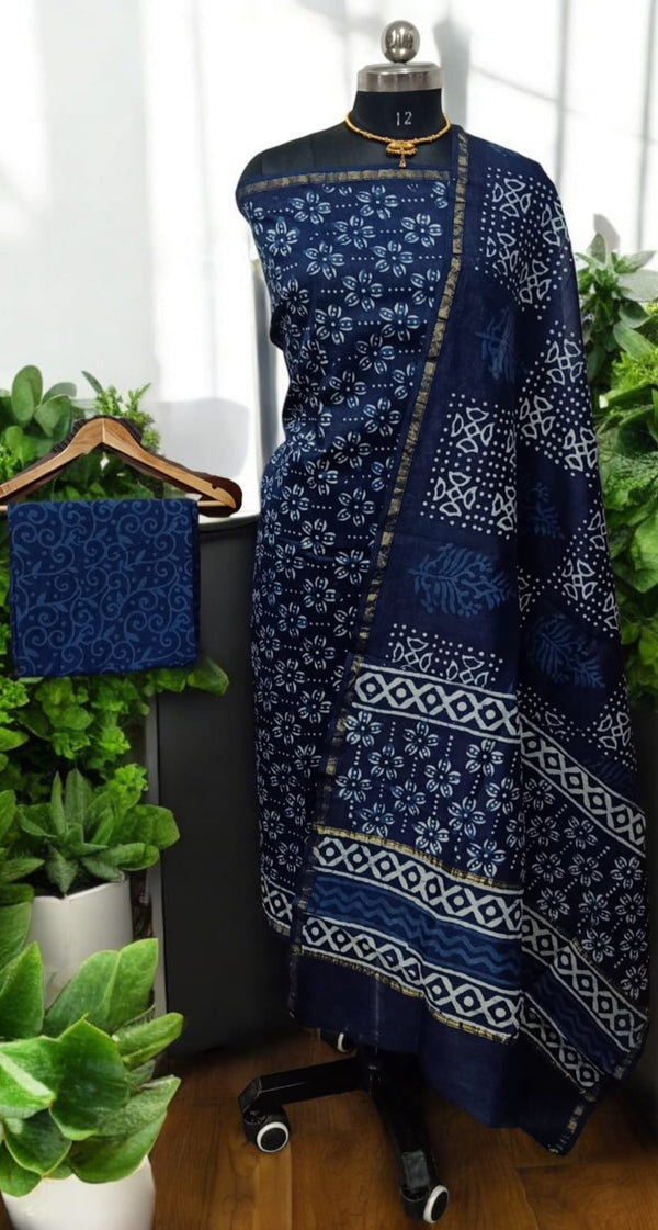 Exclusive Hand Block Indigo Print Chanderi Silk Suit with Premium Chanderi Silk Dupatta