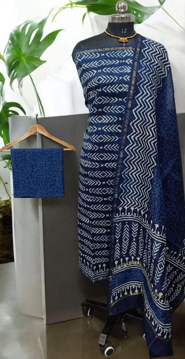 Exclusive Hand Block Indigo Print Chanderi Silk Suit with Premium Chanderi Silk Dupatta