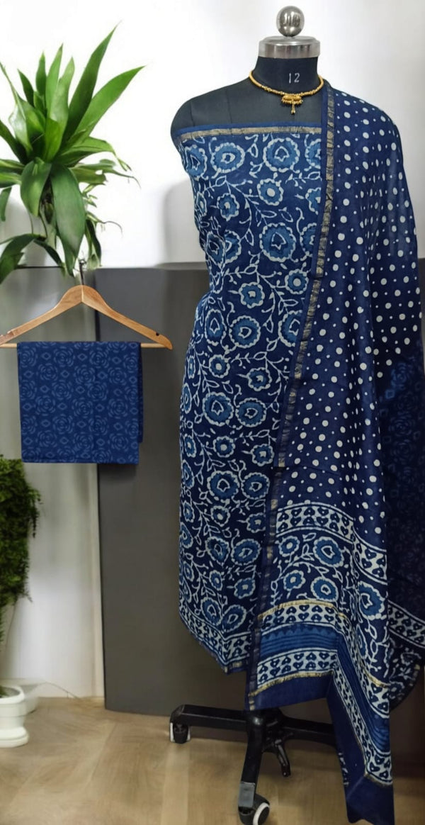 Exclusive Hand Block Indigo Print Chanderi Silk Suit with Premium Chanderi Silk Dupatta