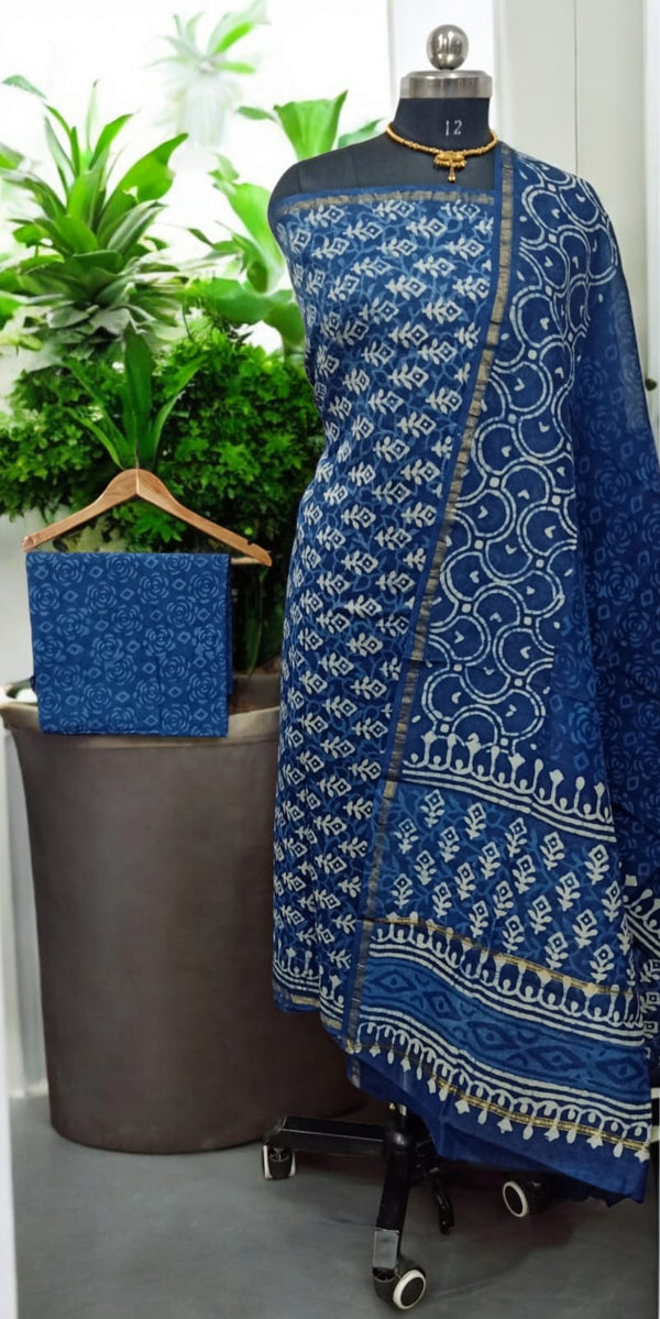 Exclusive Hand Block Indigo Print Chanderi Silk Suit with Premium Chanderi Silk Dupatta