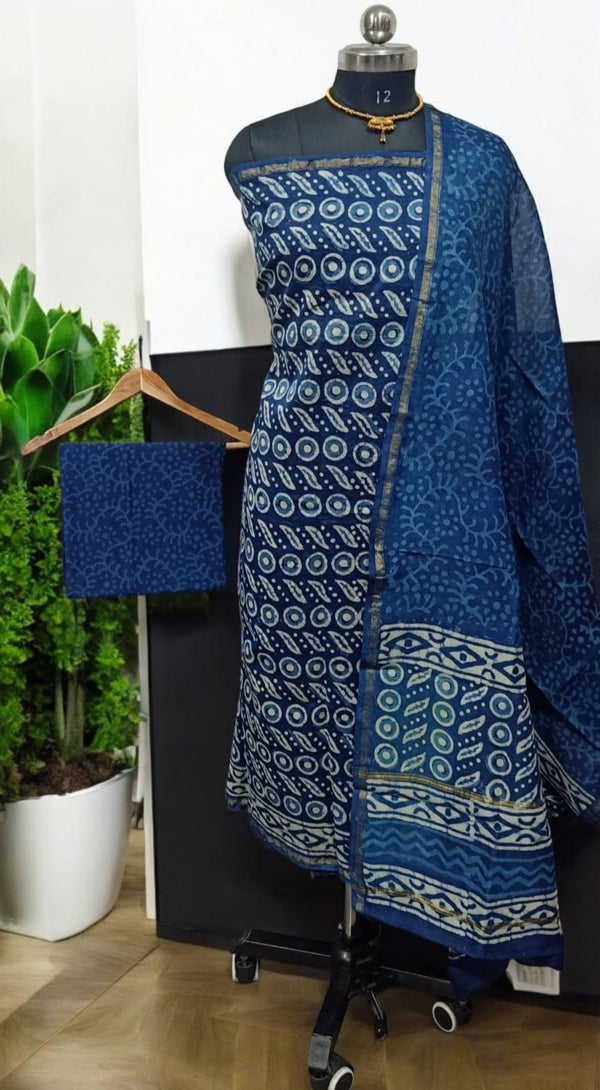 Exclusive Hand Block Indigo Print Chanderi Silk Suit with Premium Chanderi Silk Dupatta