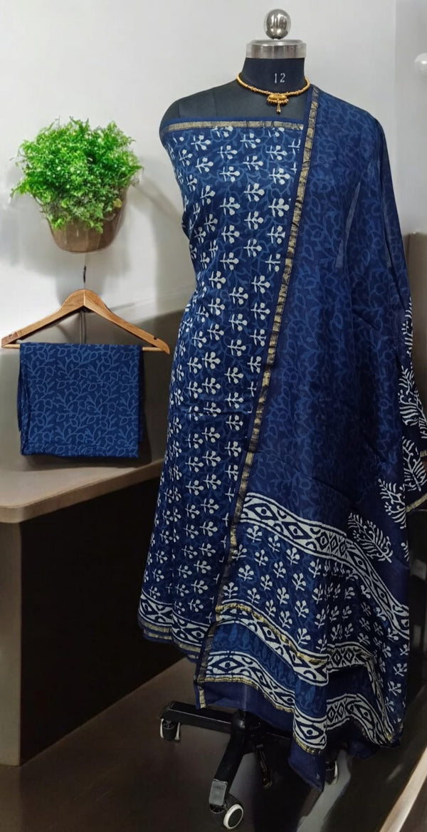 Exclusive Hand Block Indigo Print Chanderi Silk Suit with Premium Chanderi Silk Dupatta