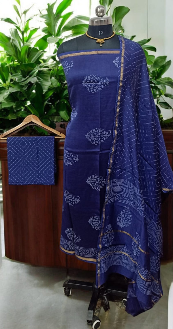 Exclusive Hand Block Indigo Print Chanderi Silk Suit with Premium Chanderi Silk Dupatta