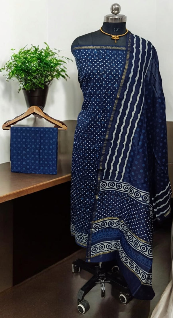 Exclusive Hand Block Indigo Print Chanderi Silk Suit with Premium Chanderi Silk Dupatta