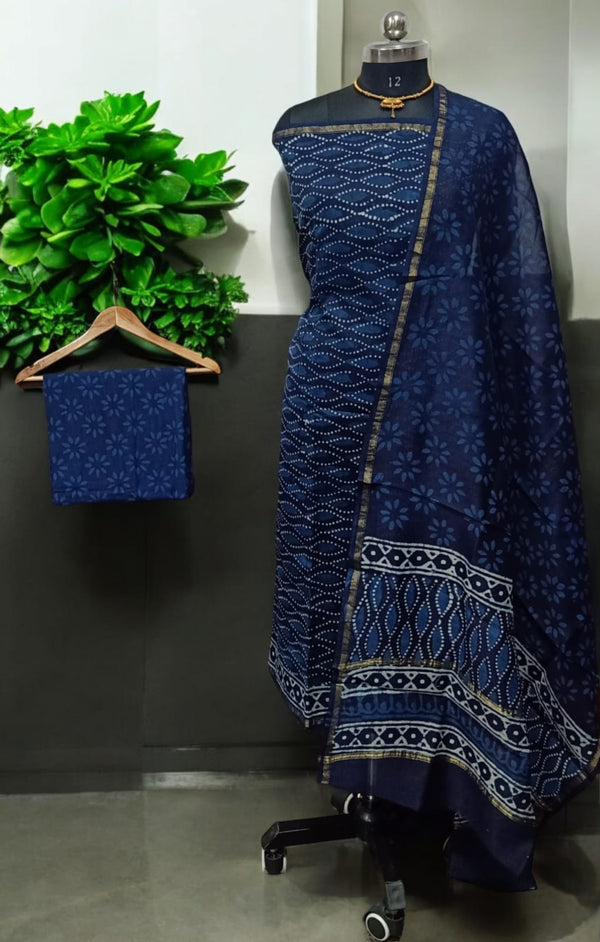 Exclusive Hand Block Indigo Print Chanderi Silk Suit with Premium Chanderi Silk Dupatta