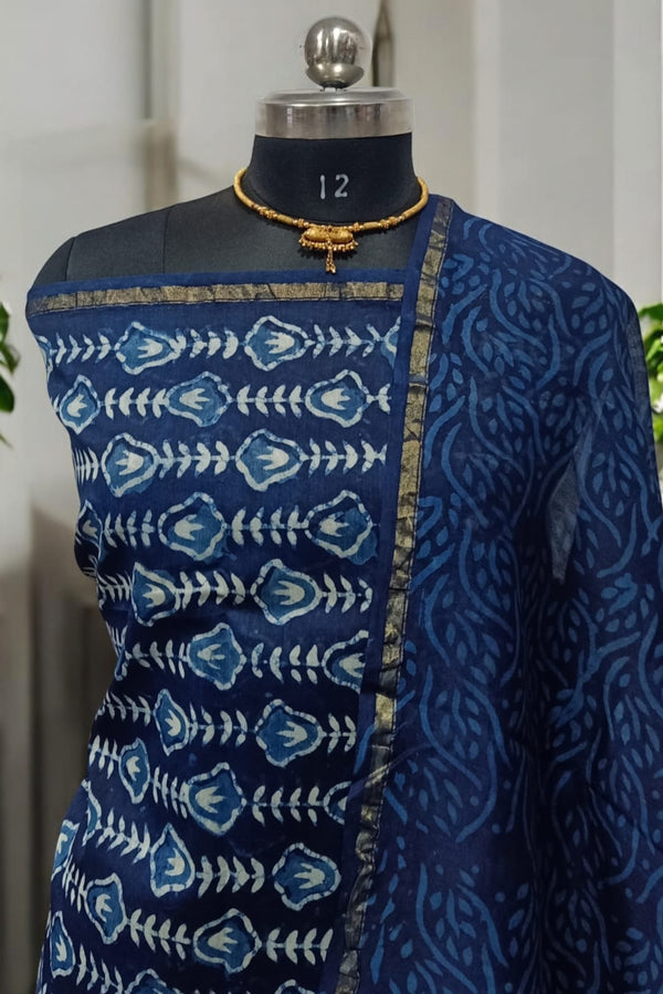 Exclusive Hand Block Indigo Print Chanderi Silk Suit with Premium Chanderi Silk Dupatta