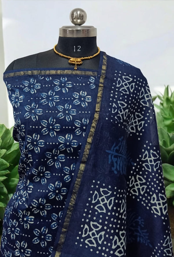 Exclusive Hand Block Indigo Print Chanderi Silk Suit with Premium Chanderi Silk Dupatta