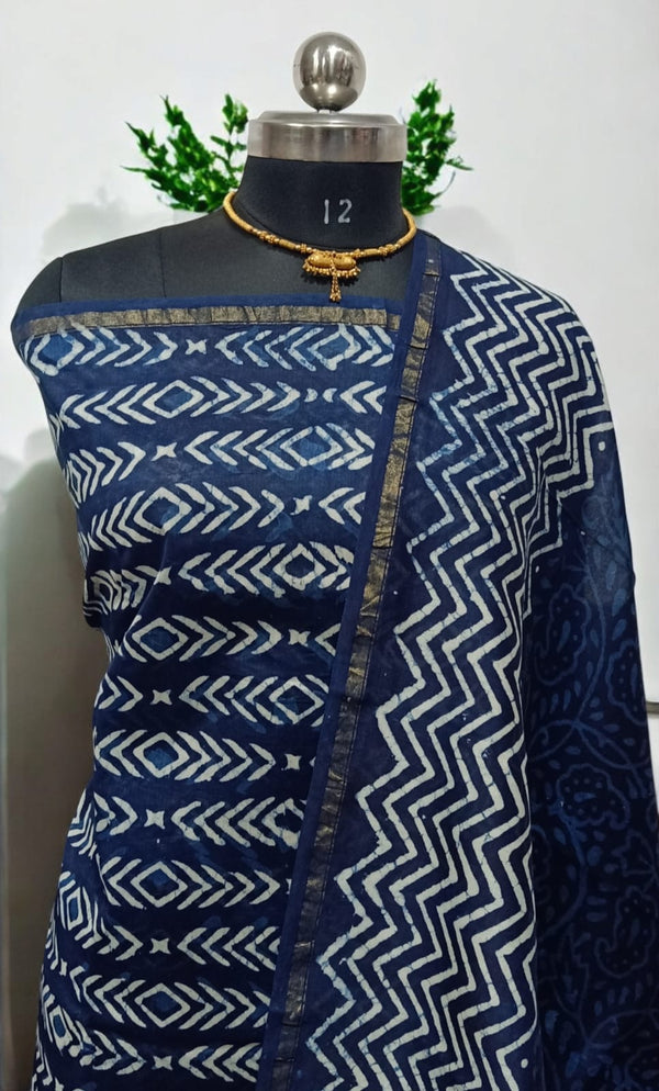 Exclusive Hand Block Indigo Print Chanderi Silk Suit with Premium Chanderi Silk Dupatta