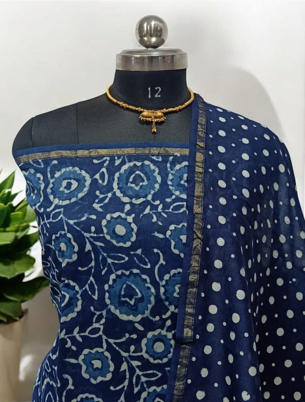 Exclusive Hand Block Indigo Print Chanderi Silk Suit with Premium Chanderi Silk Dupatta