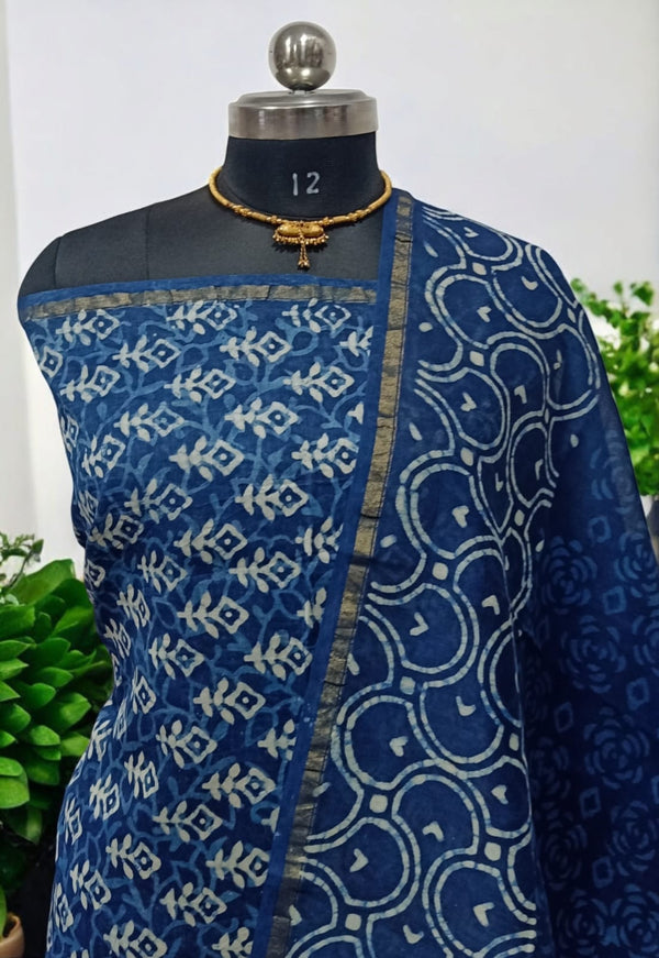 Exclusive Hand Block Indigo Print Chanderi Silk Suit with Premium Chanderi Silk Dupatta