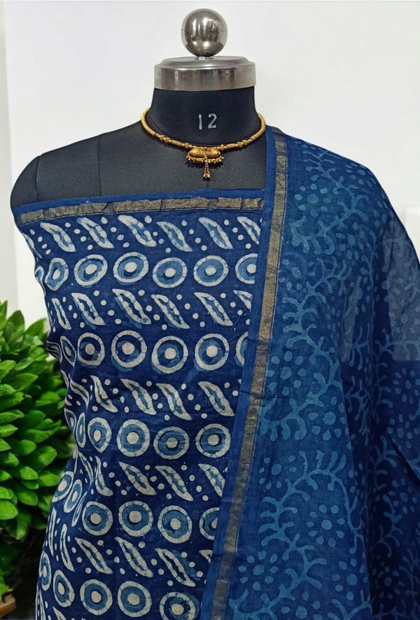 Exclusive Hand Block Indigo Print Chanderi Silk Suit with Premium Chanderi Silk Dupatta