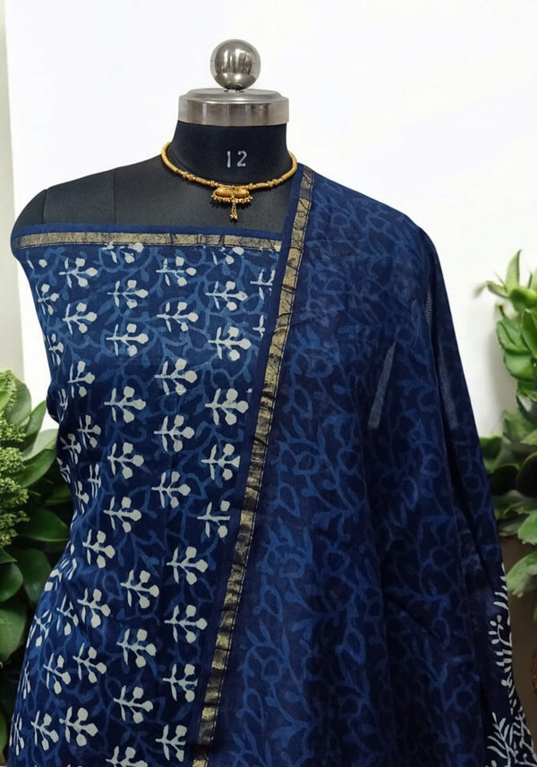 Exclusive Hand Block Indigo Print Chanderi Silk Suit with Premium Chanderi Silk Dupatta