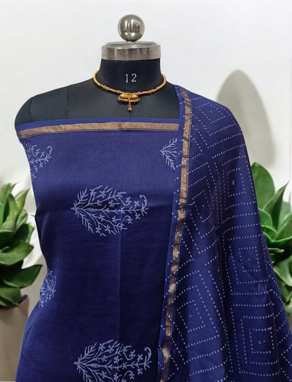 Exclusive Hand Block Indigo Print Chanderi Silk Suit with Premium Chanderi Silk Dupatta