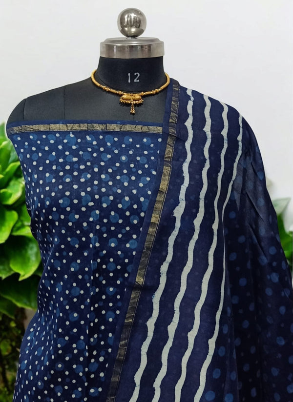 Exclusive Hand Block Indigo Print Chanderi Silk Suit with Premium Chanderi Silk Dupatta