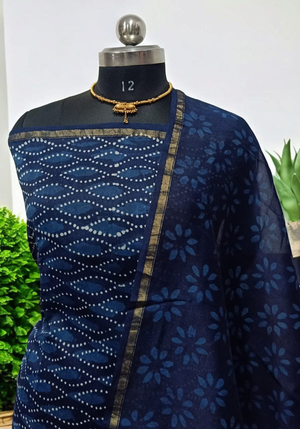 Exclusive Hand Block Indigo Print Chanderi Silk Suit with Premium Chanderi Silk Dupatta