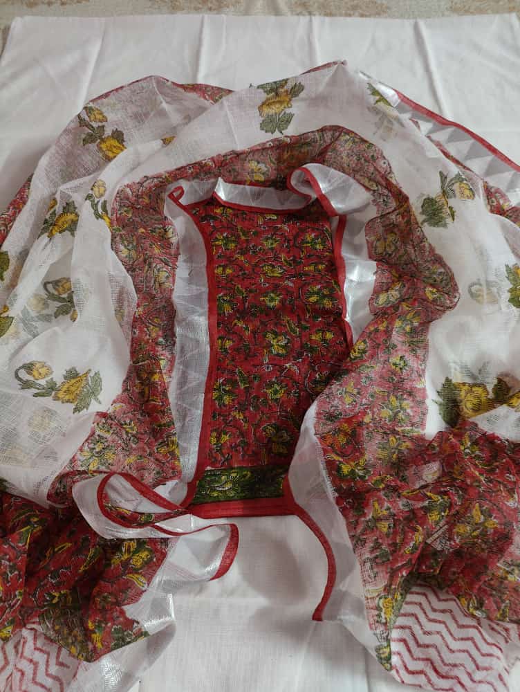 Ajrakh on Kota Doria - Kota Doria Cotton Ajrakh Unstitched Salwar Suits - Leheriya
