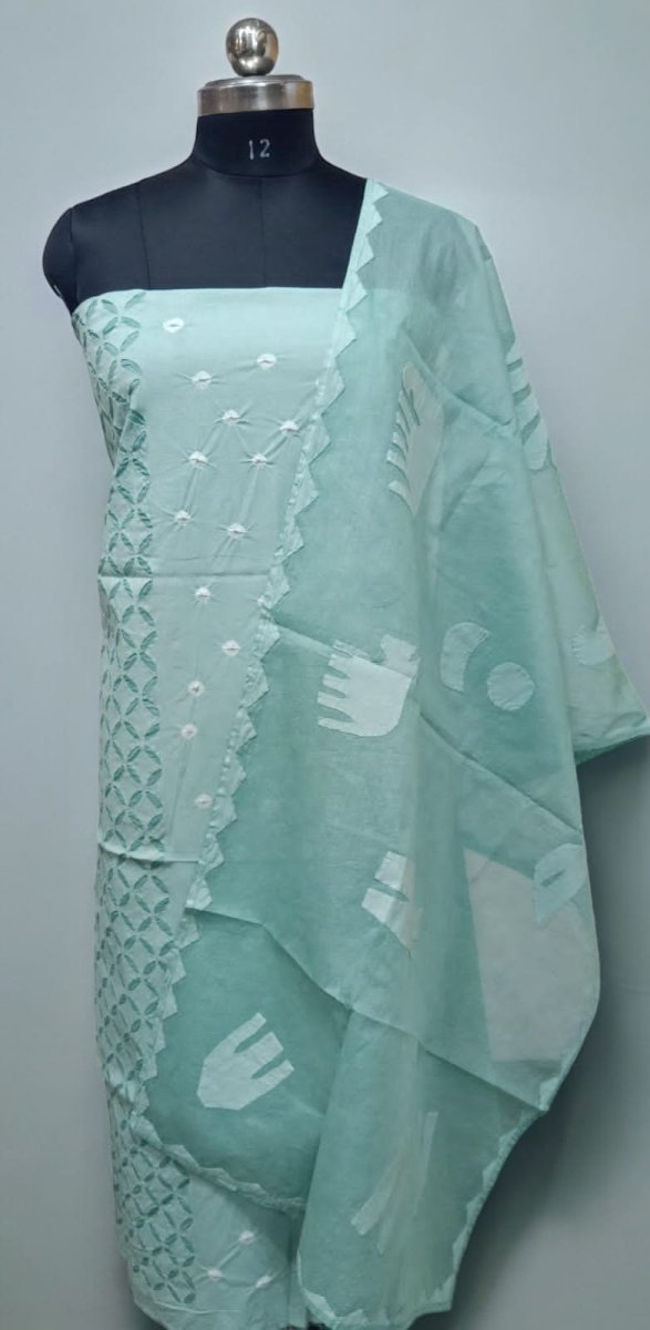 Applique Bandhani Fusion - 3 pc Pure Organdy Cotton Salwar Suit - Leheriya