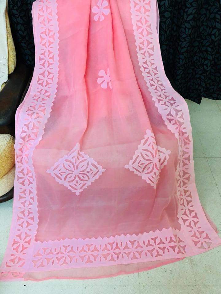 Applique Work Pure Organdy Cotton Dupatta - Leheriya