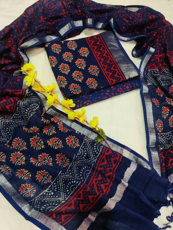 Bagru Hand Block Printed Linen Suits With Silver Border - Leheriya