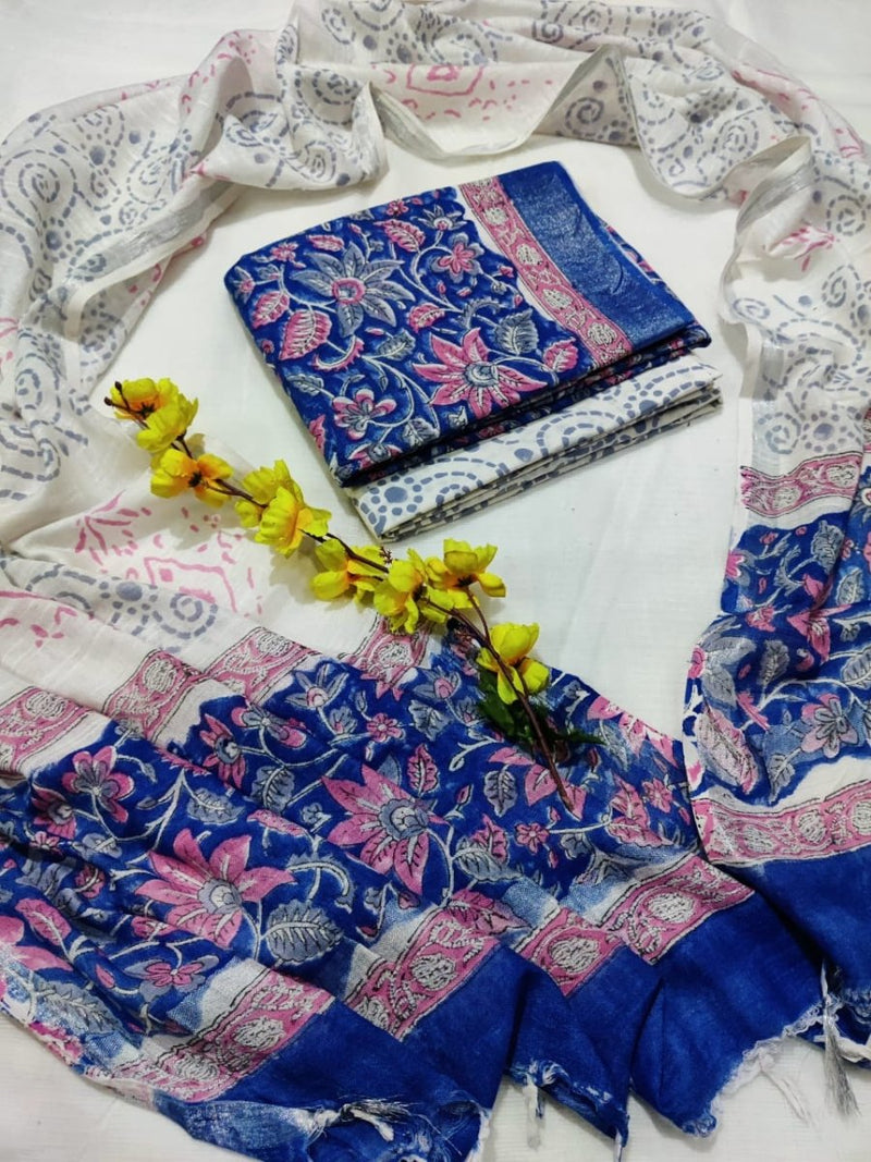 Bagru Hand Block Printed Linen Suits With Silver Border - Leheriya